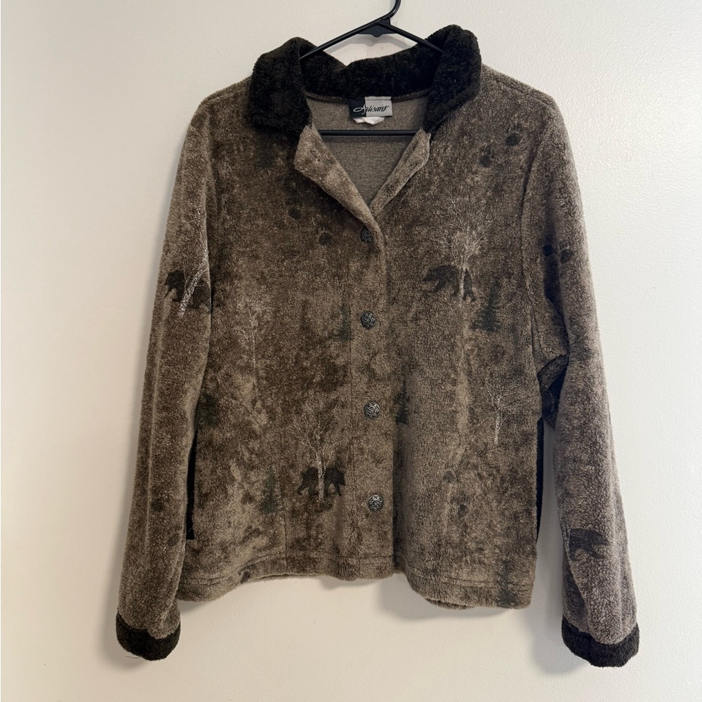 Vintage Women’s Brown  Fleece Jacket with Forest Cabin Core Scene